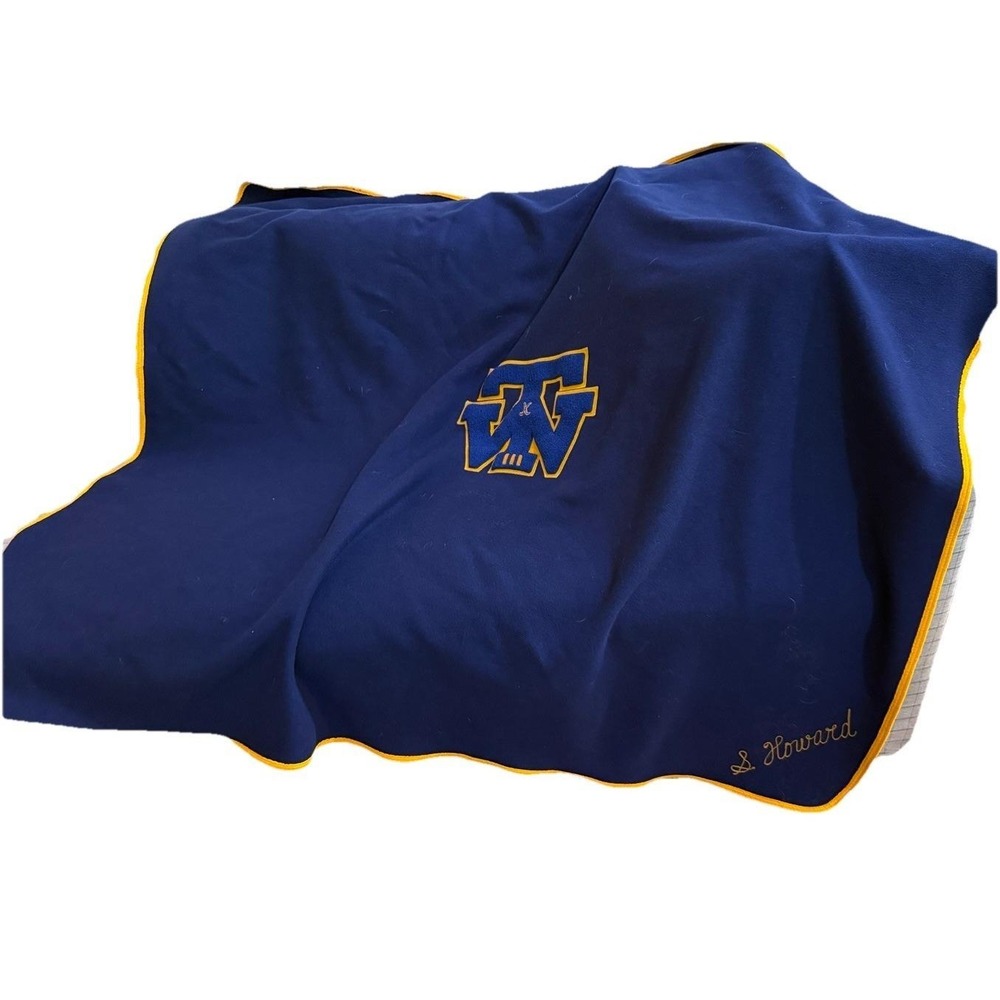 Wool Varsity Letter Blanket Navy/Gold Large Chenille "TW" Monogram - Waco TX